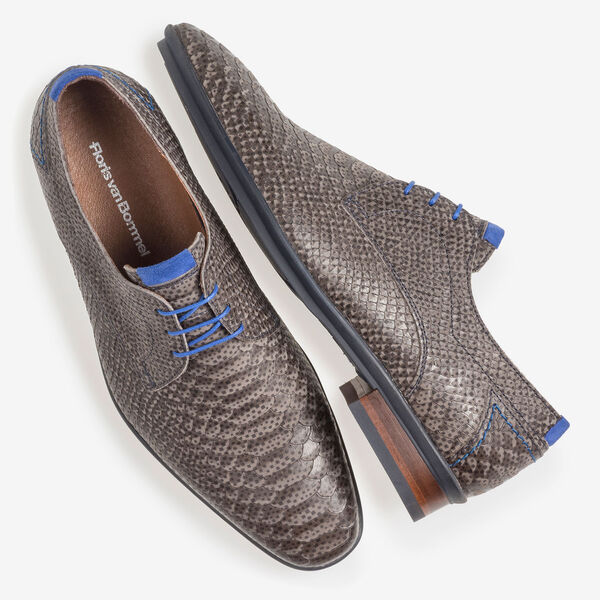 Dark grey nubuck leather lace shoe with snake print