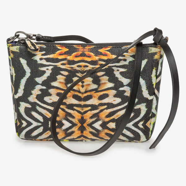 Black leather bag with orange-coloured print