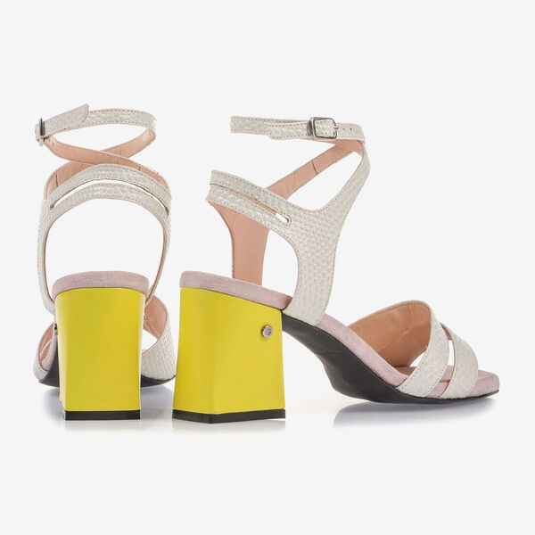 Off-white high-heeled sandals with pink and yellow details