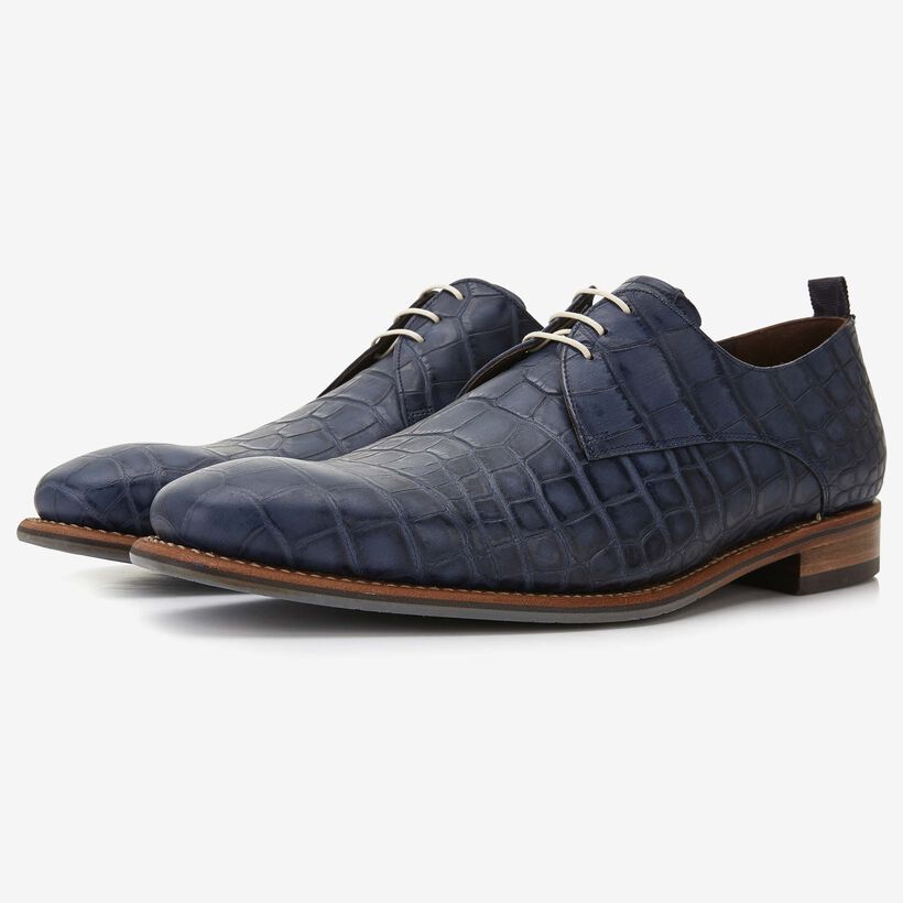 Floris van Bommel dark blue crocodile print men's lace-up shoe