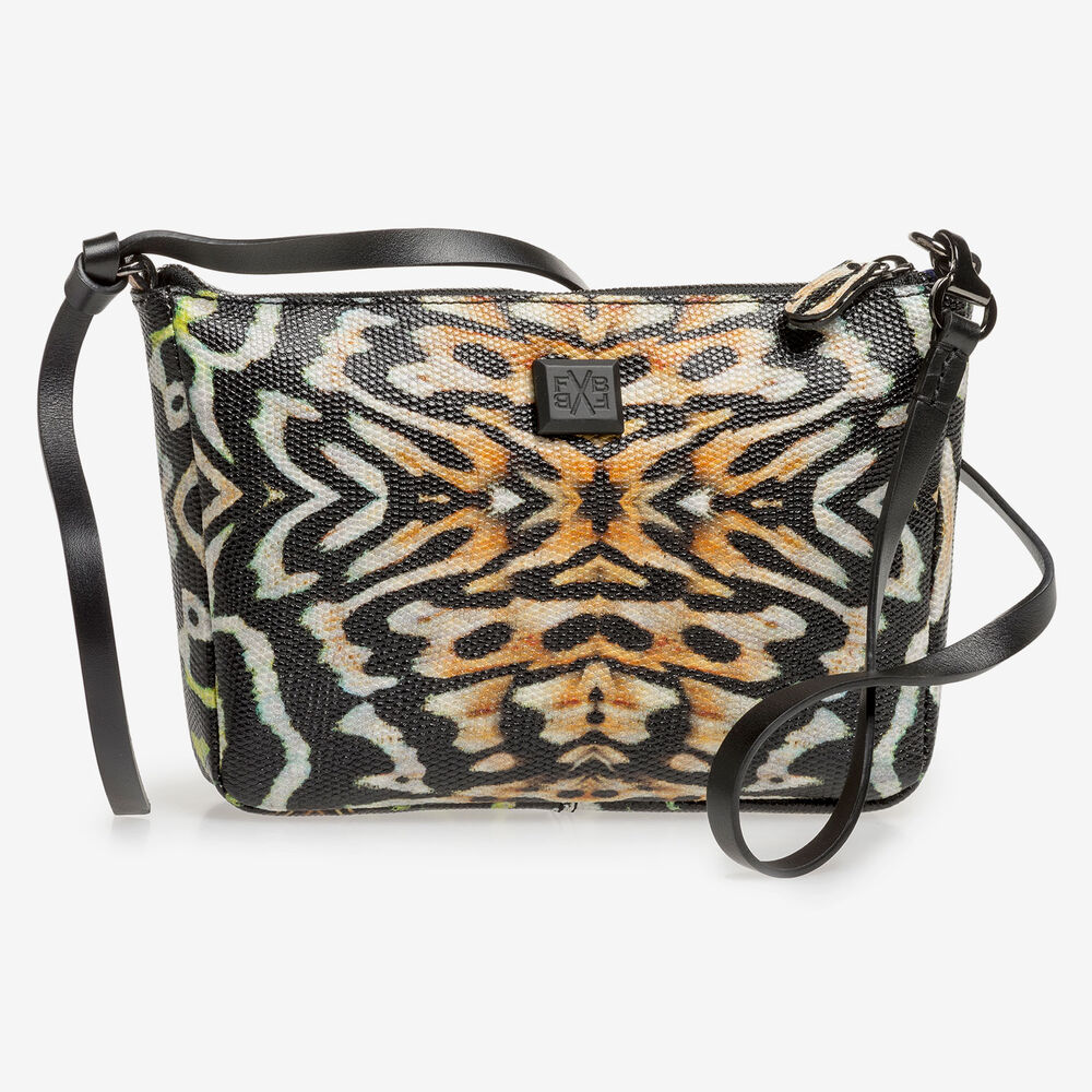 Black leather bag with orange-coloured print