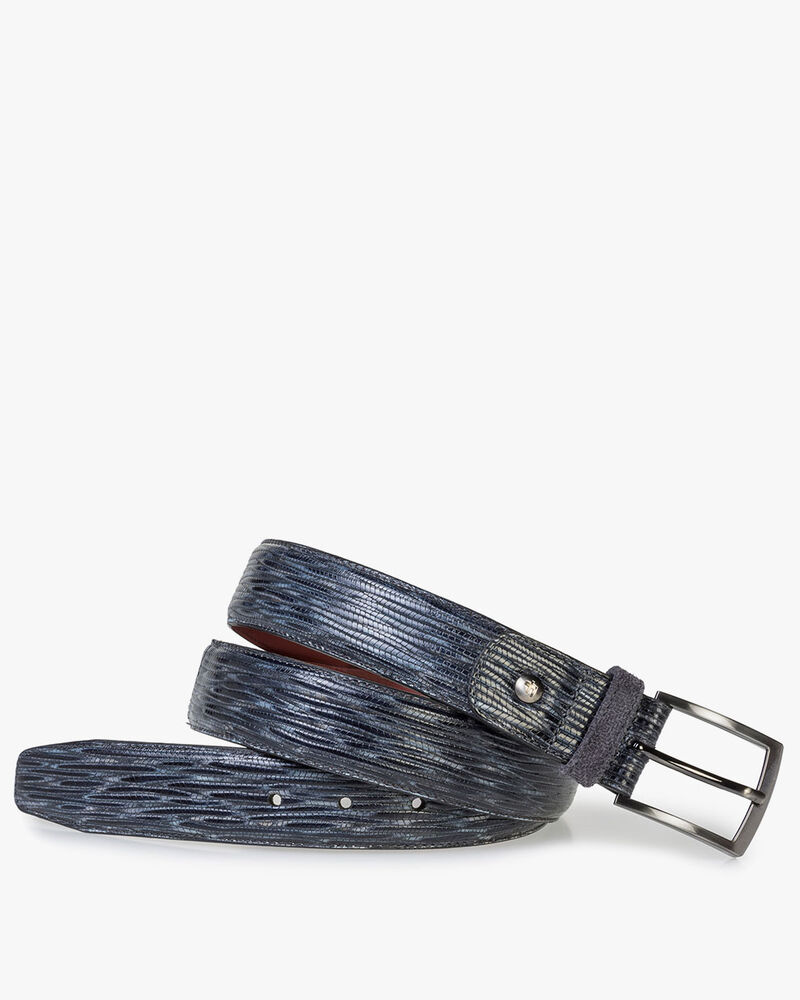 Blauw/grijze leren riem met print