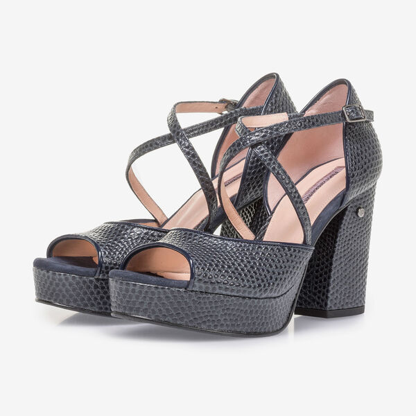 Donkerblauwe leren sandalette met print