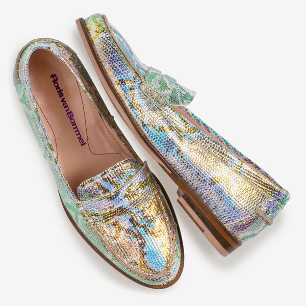 Leren loafer met groen/gouden metallicprint