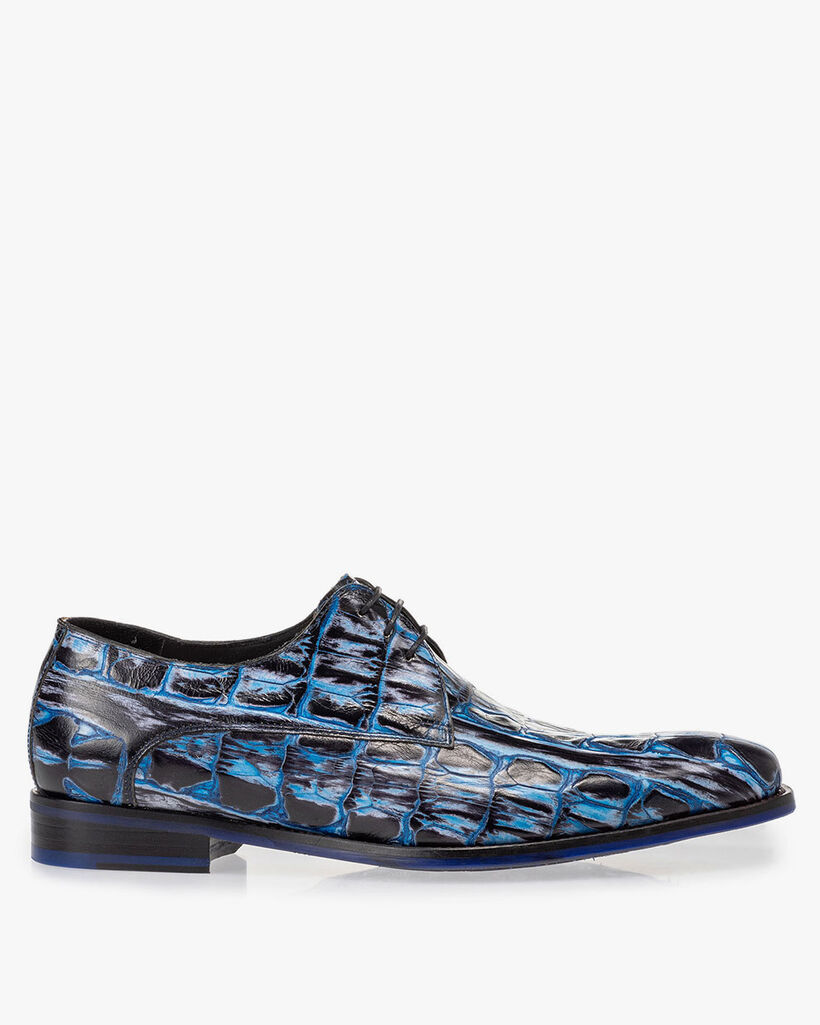 Veterschoen crocoprint blauw