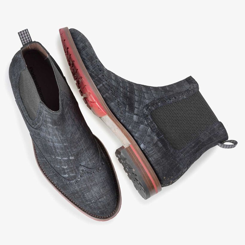 Blue suede Chelsea boot with check pattern