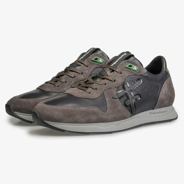 Blue / Grey-brown leather sneaker with F-logo