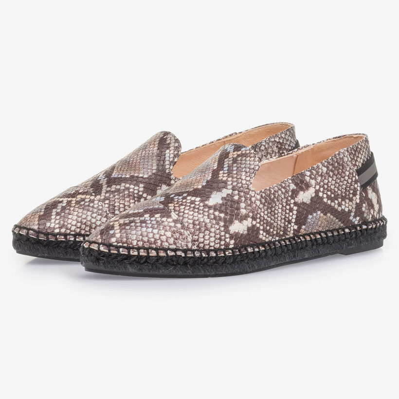 Brown and white leather espadrilles with snake print