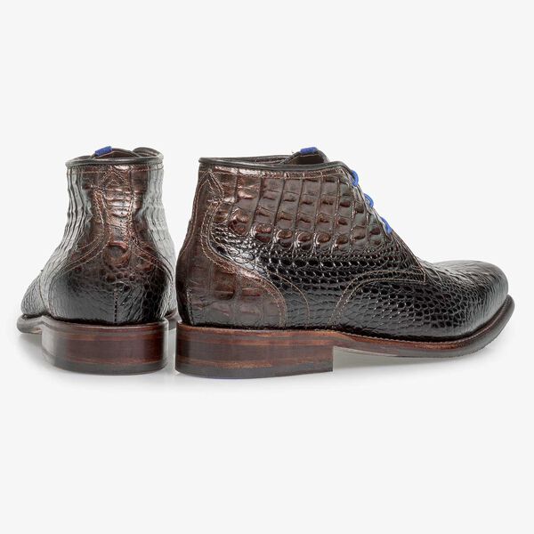 Bronze-coloured leather lace boot with croco print