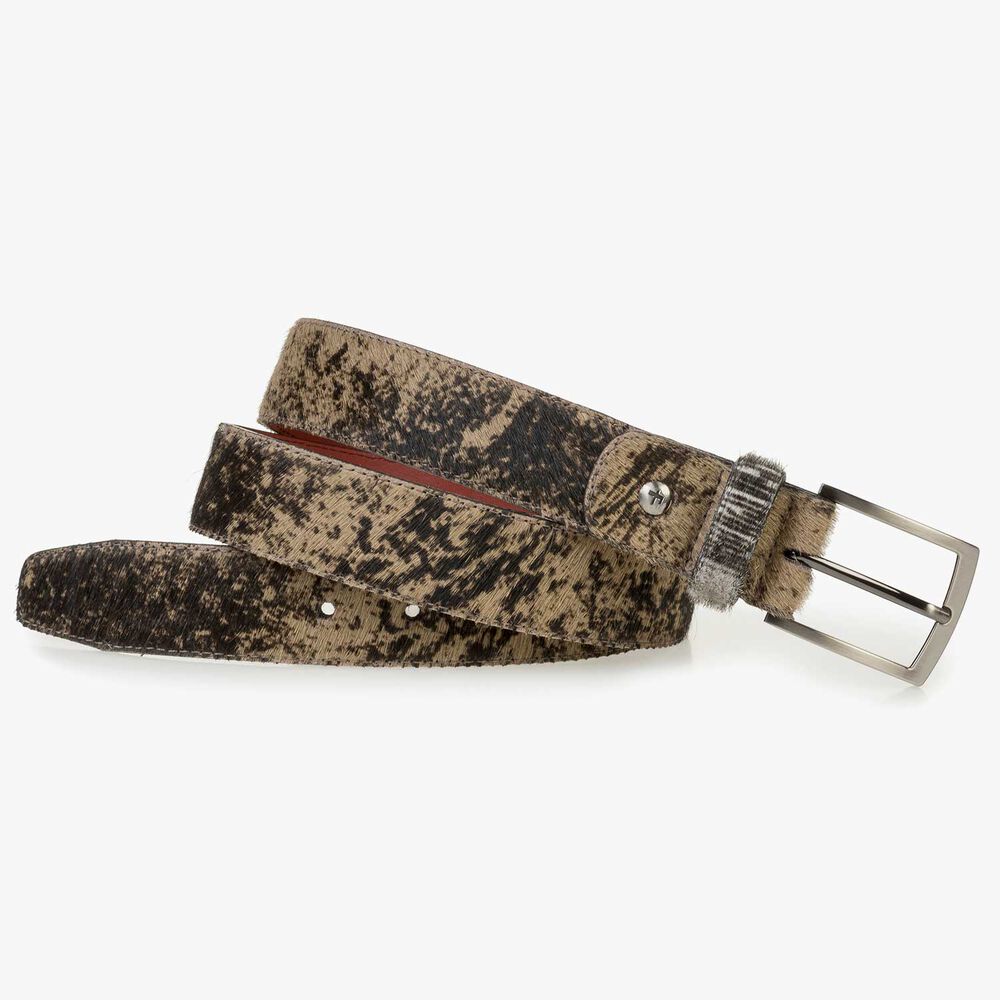 Brown pony hair belt with a print