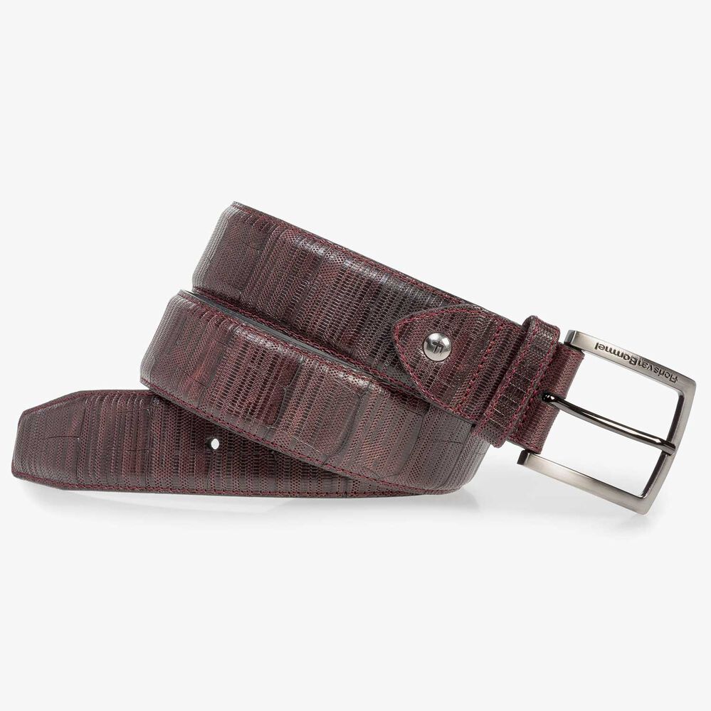Burgundy red leather belt with print