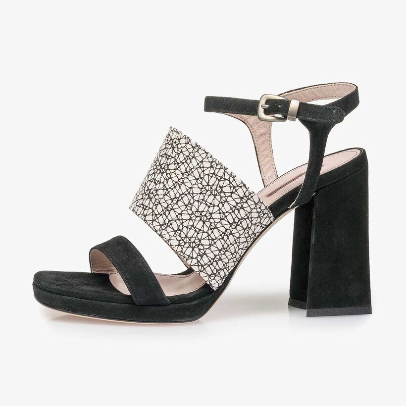 Black and white printed high-heeled suede leather sandal