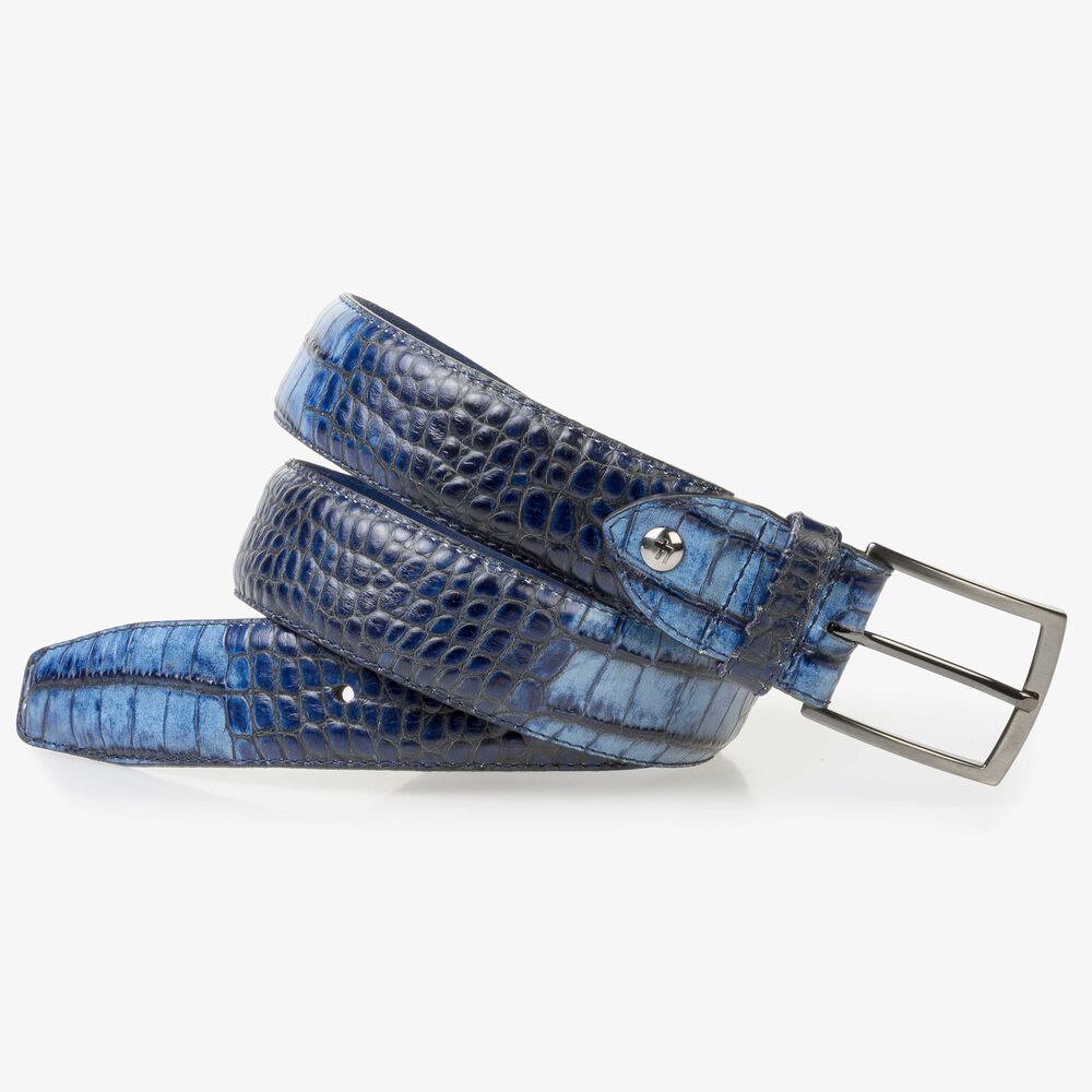 Blue calf leather belt with a croco print