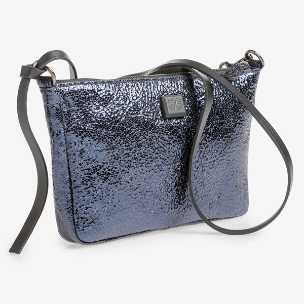 Dark blue leather bag with black print