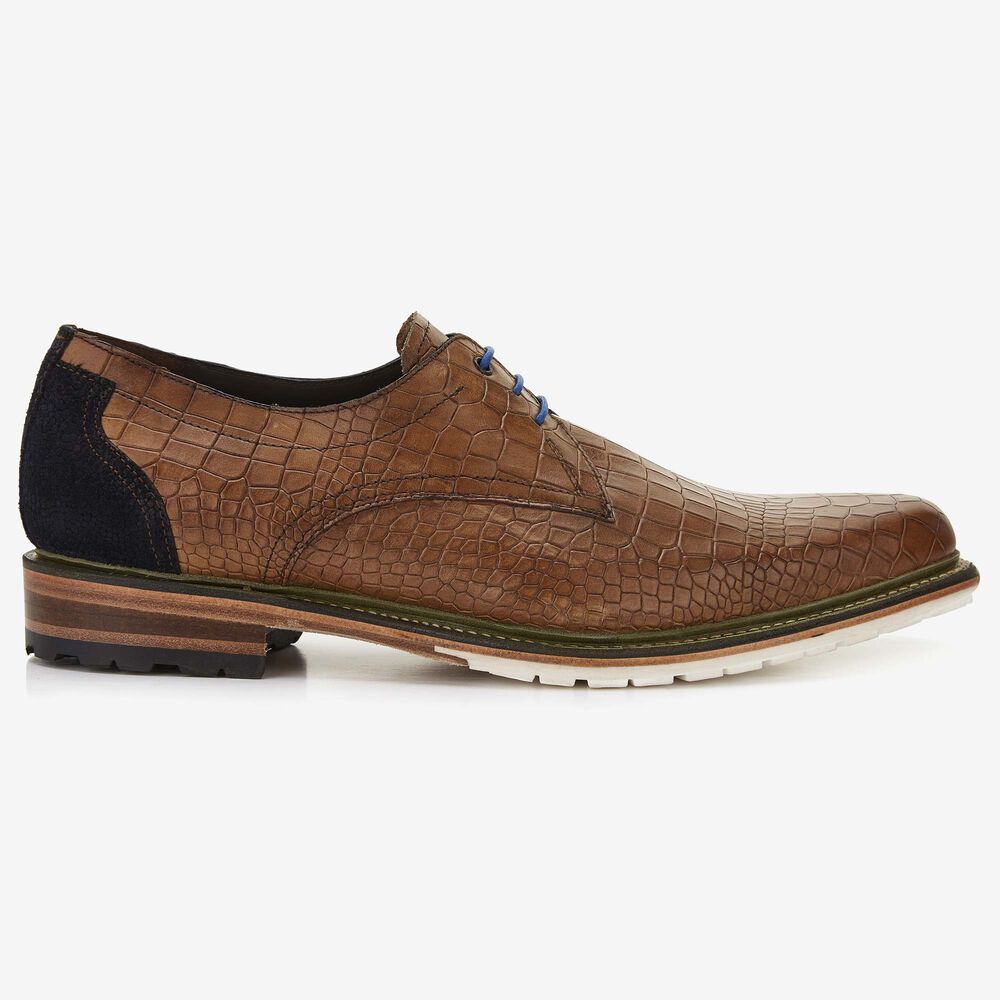 Floris van Bommel cognac crocoprint heren veterschoen
