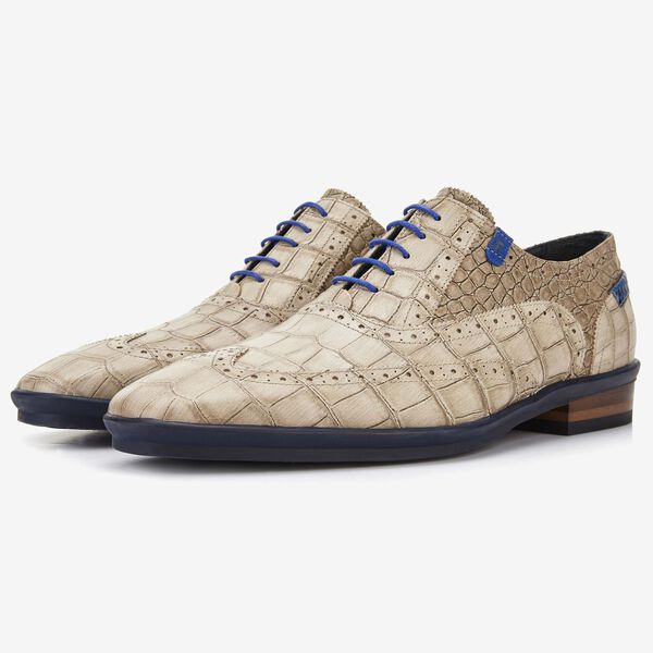Floris van Bommel zandkleur crocoprint heren veterschoen
