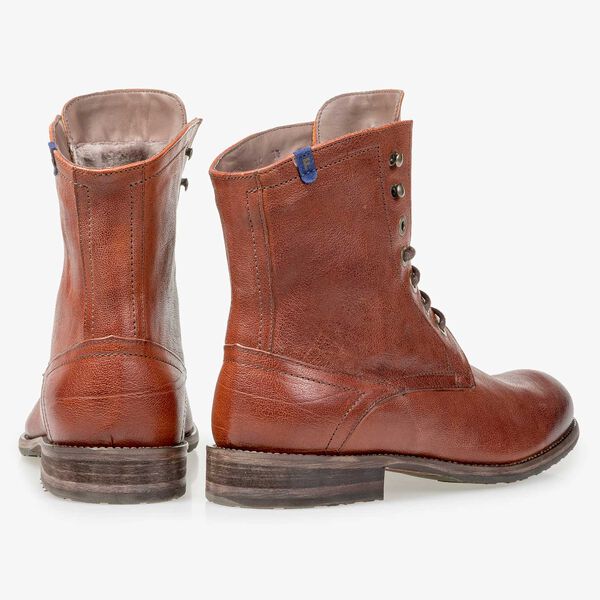 Wool lined cognac-coloured leather lace boot