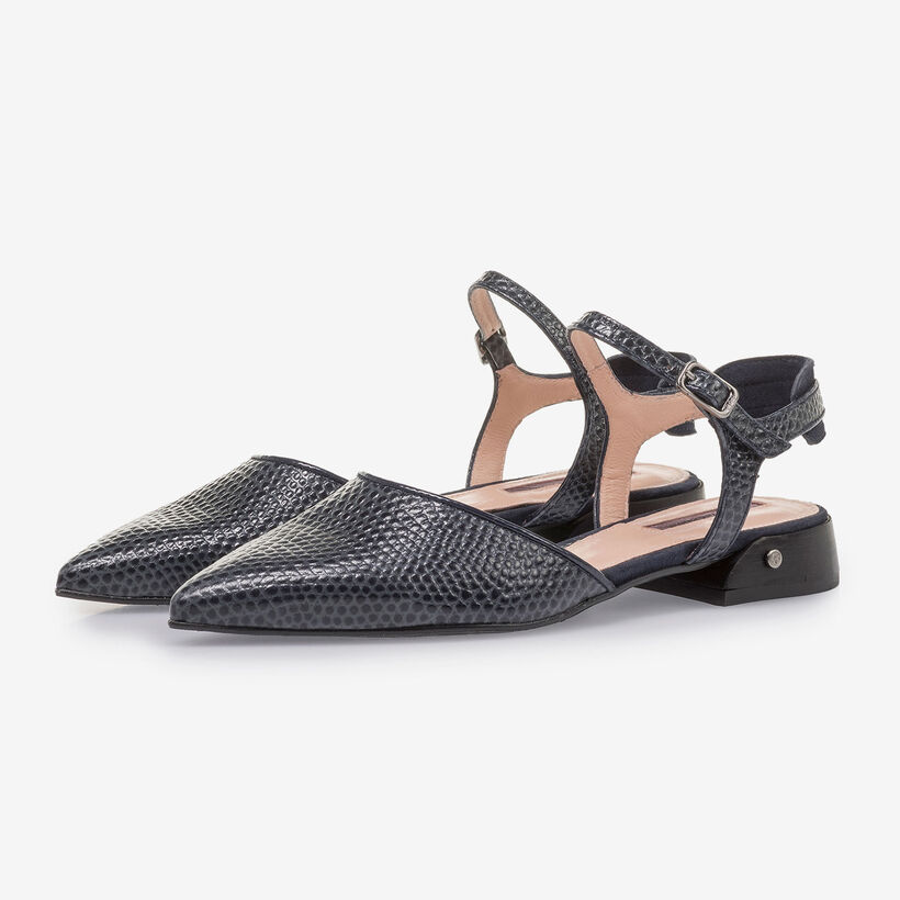 Dark blue suede leather sandals with print