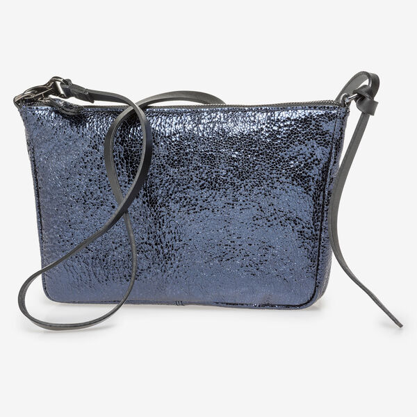 Dark blue leather bag with black print