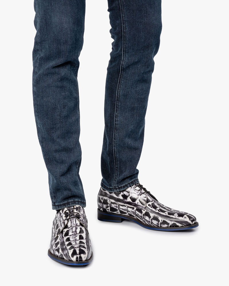 Veterschoen crocoprint zwart/wit