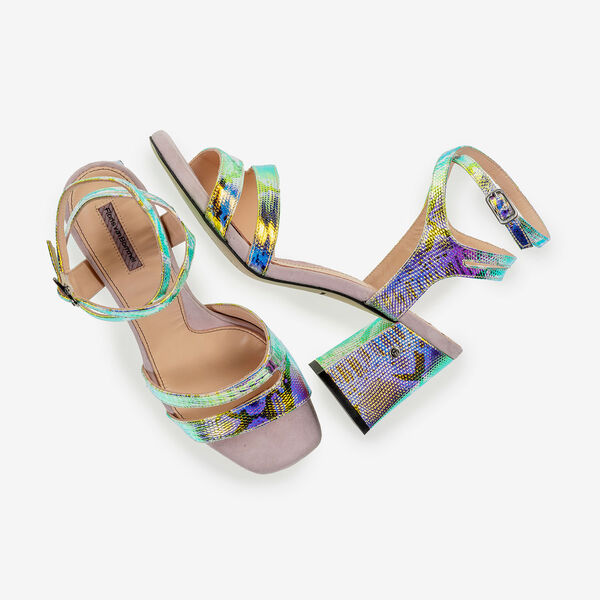 Leren sandalette met groen/gouden metallicprint