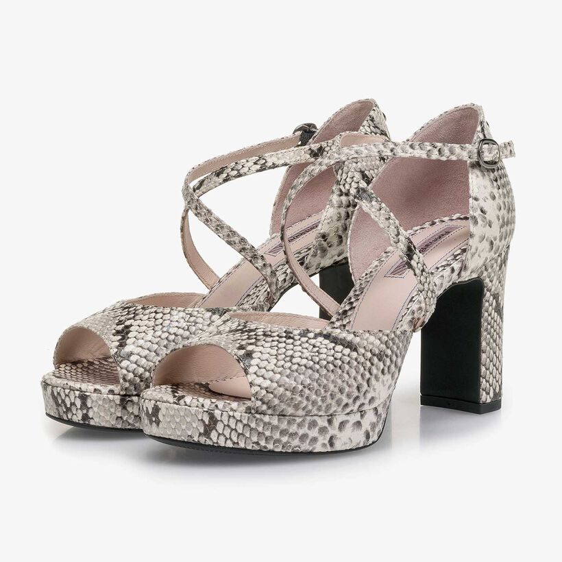 White snake print high-heeled leather sandal