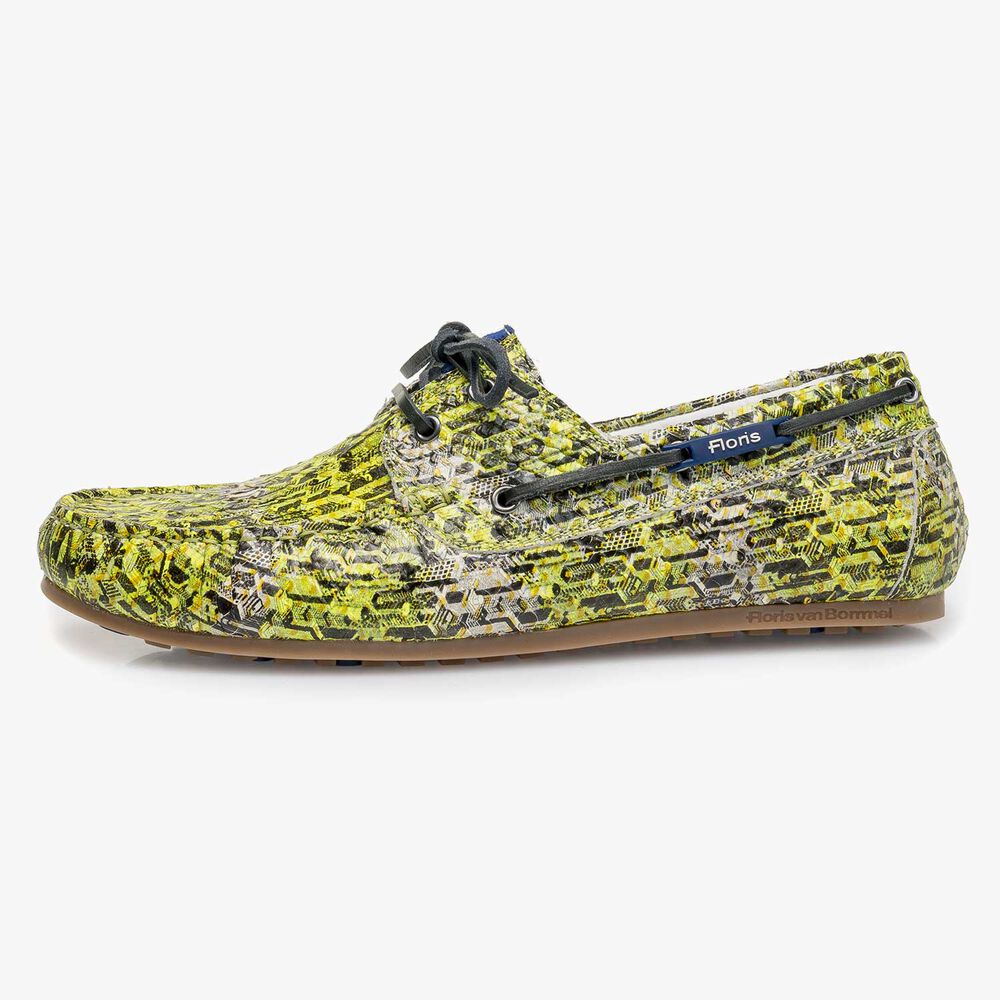 Gele kalfsleren bootschoen met snakeprint