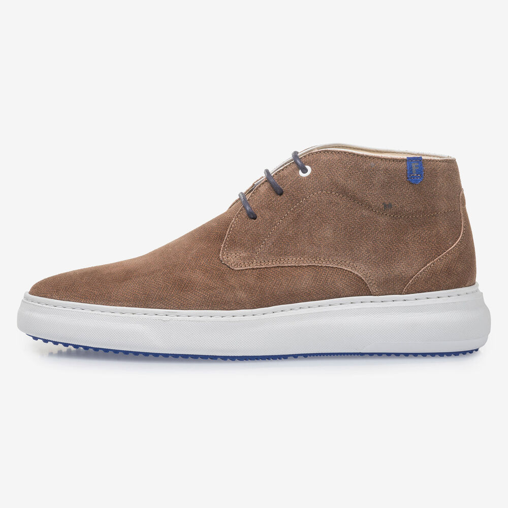 Cognac-coloured suede leather lace boot with print