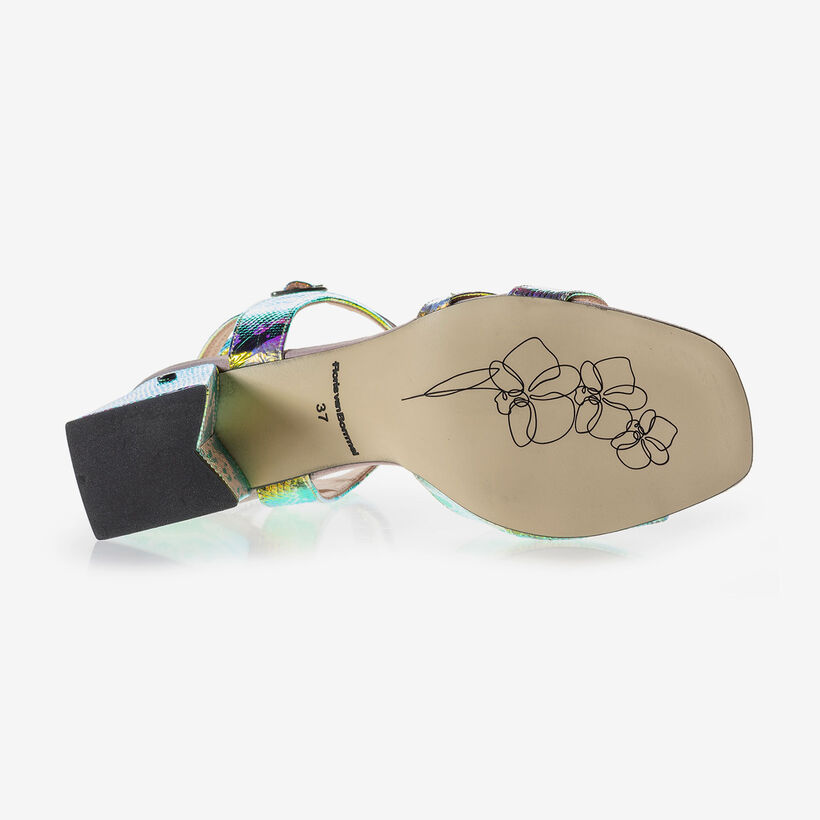 High-heeled leather sandals with green/gold metallic print
