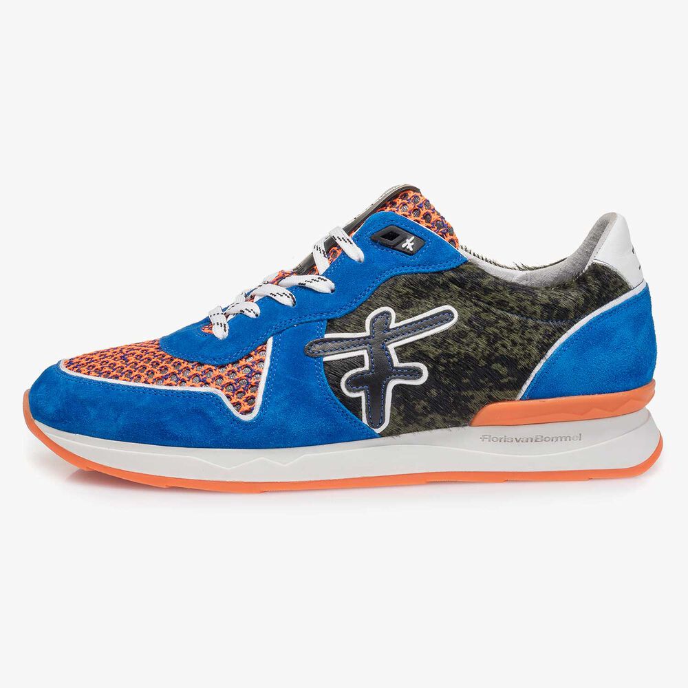 Premium blauwe su&egrave;de sneaker met gekleurde accenten