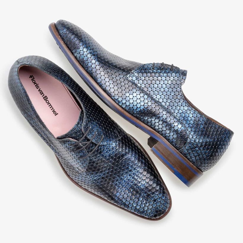 Blauwe metallic print leren veterschoen