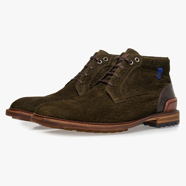 Olijfgroene su&egrave;de veterboot met print