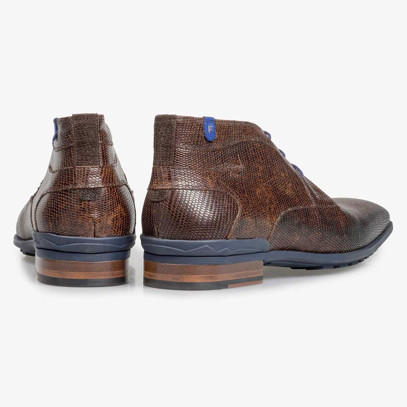 Donkerbruine leren veterboot met lizardprint
