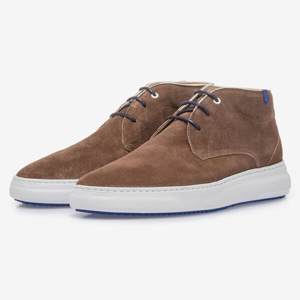 Cognac-coloured suede leather lace boot with print