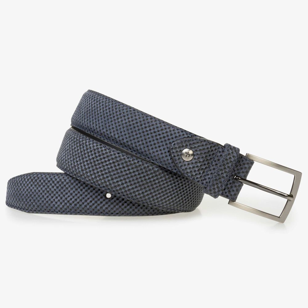 Blauwe su&egrave;de riem met miniprint