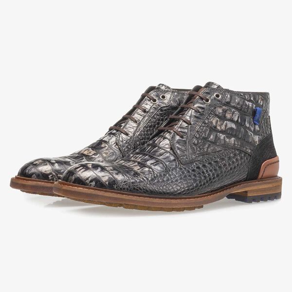 Zwarte leren veterboot met crocoprint