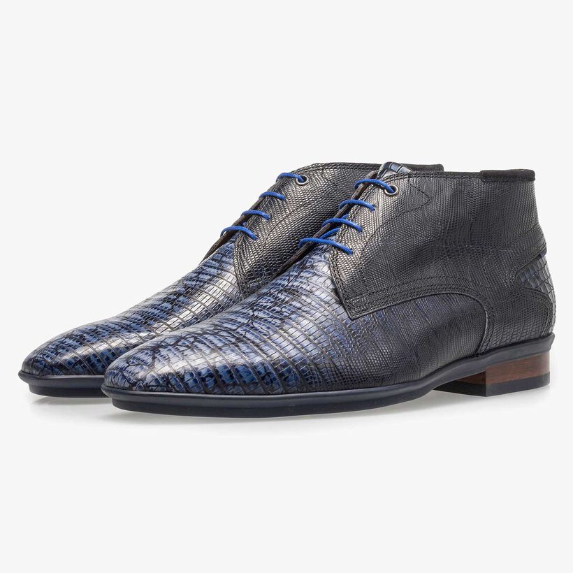 Blauwe kalfsleren veterschoen met lizardprint