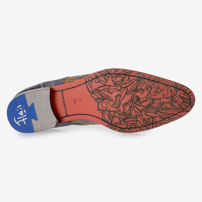 Blauw/rood leren veterschoen met lizardprint