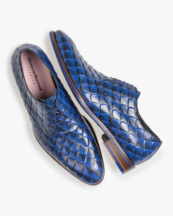Premium blauwe leren veterschoen met print