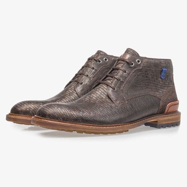 Donkerbruine leren veterboot met lizardprint