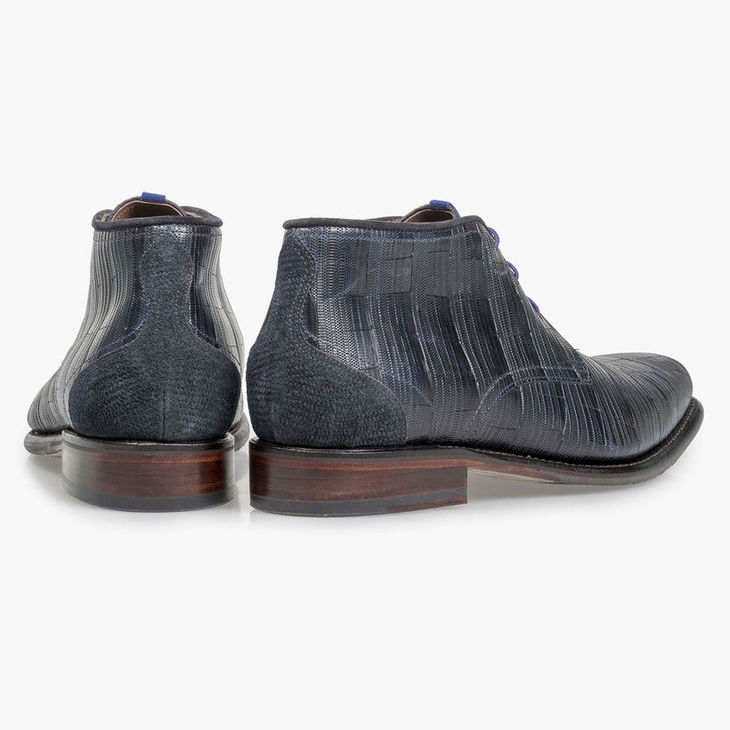 Blauwe leren veterboot met print