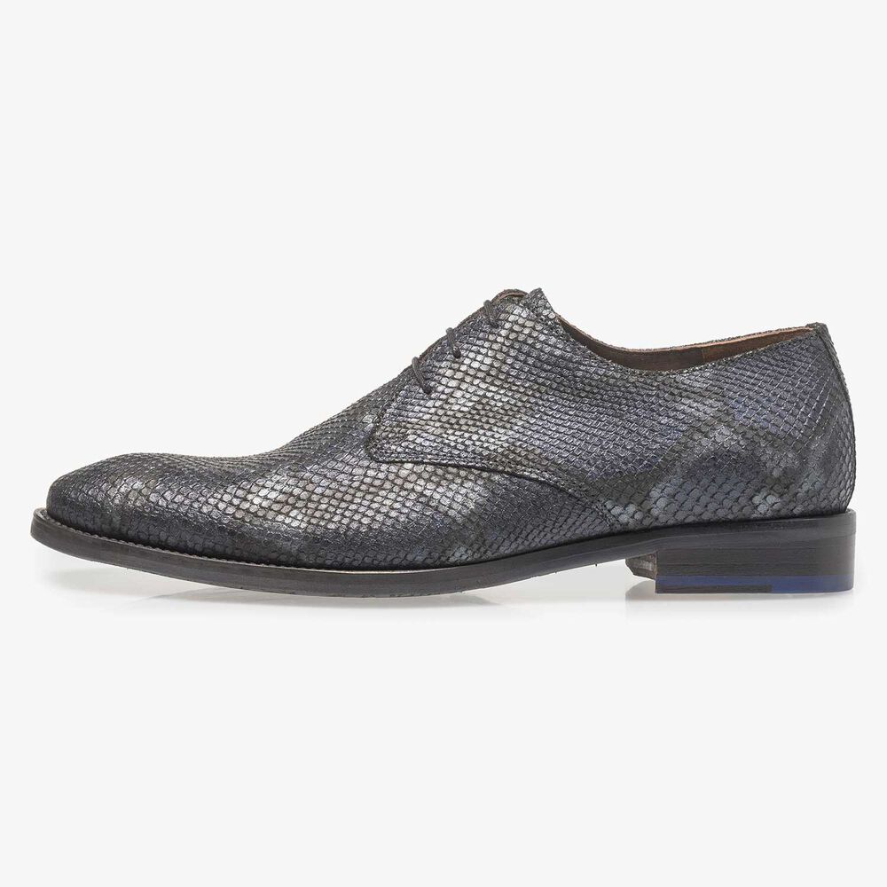 Blue leather lace shoe with snake print