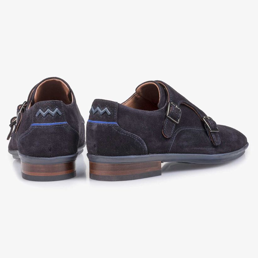 Blue calf suede leather double buckle monk strap