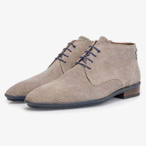 Su&egrave;de veterschoen licht taupe met dessin
