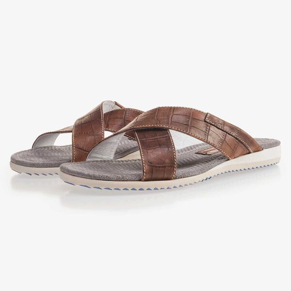 Cognackleurige leren kruisband slipper met crocopint