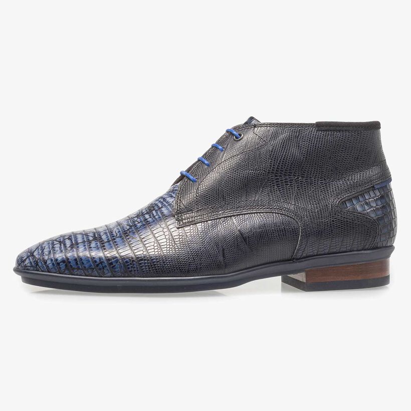 Blauwe kalfsleren veterschoen met lizardprint