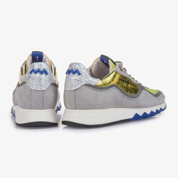 Grey nubuck leather sneaker with yellow details