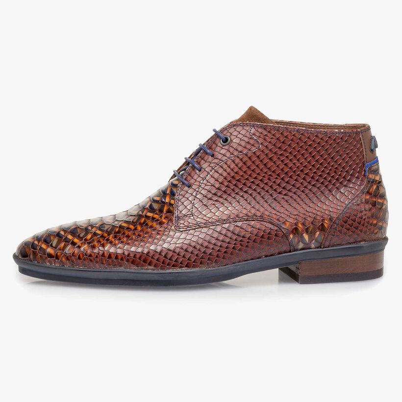 Kalfsleren veterschoen cognac met snakeprint