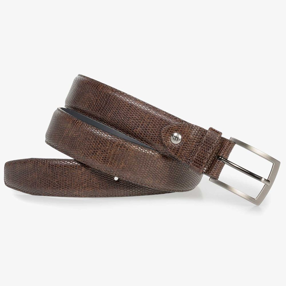 Donkerbruine leren riem met lizardprint