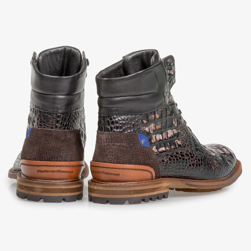 Dark brown leather lace boot with croco print